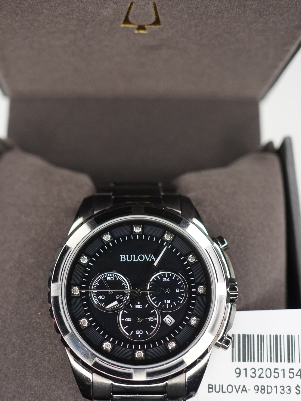 Bulova 98D133 Quartz Chronograph Diamond Black Dial Date Stainless Steel Watch